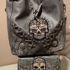 Skull Embroidered Gray Bucket Bag by